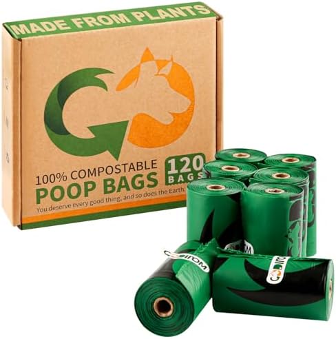 Certified Home Compostable Dog Poop Bags, 120 Extra Thick Bags (8 Rolls) by Codirom