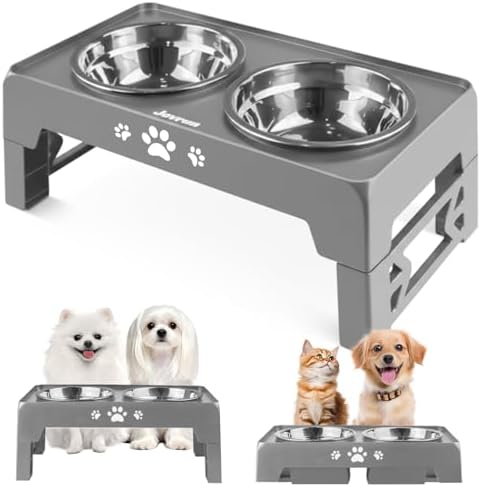 Jovrun Elevated Dog Bowls for Small Dogs and Cats, Non-Slip Cat Bowls with 2 Thick 5.5" Stainless Steel Dishes, Dog Feeder 2 Heights Adjustable to 2.6"-5.3" by Jovrun
