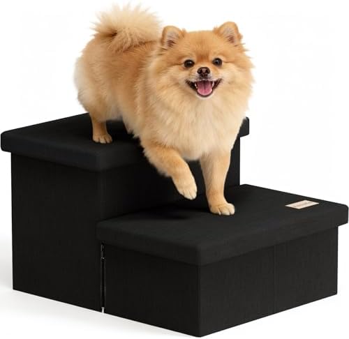 2-Step Wide Dog Stairs with Storage 11" H, Non-Slip Sturdy Pet Steps for Couch Chair, Dog Steps for Small/Medium Old Dogs, Cats, Rabbits Up to 150lbs, Foldable Cat Puppy Stairs for Car, Black by Fecuria