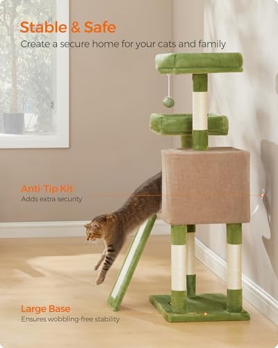 Feandrea Cat Tree, 45.3-Inch Cute Cat Tower, Climbing Condo, Green & Brown - Image 7