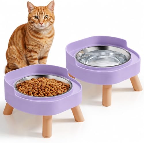 Elevated Cat Bowls, 2P Raised Cat Food and Water Bowl Set for Indoor Cats, Splash Proof with 2 Stainless Steel Food Bowls for Cats ＆ Puppies, Whisker Friendly and Dishwasher Safe - Purple by HIAIEVIY