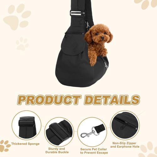 Dog Sling Carrier for Small Dogs and Cats Up to 16.5 Lbs, Soft Canvas with Zipper Pocket Pet Crossbody Shoulder Bag, (Black, 1 Pcs) Intended for Outdoor/Camp/Travel - Image 3