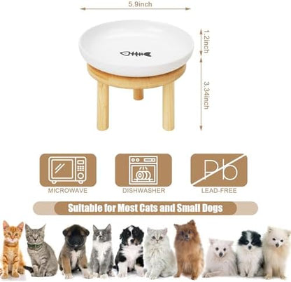 Shallow Elevated Cat Bowls with Bamboo Stand, 5.9 Inch Wide Ceramic Cat Dish Whisker Friendly,Pet Food and Water Plates - Image 4
