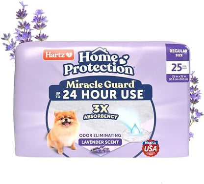 Hartz Miracle Guard Dog and Puppy Dog Pads Max Absorbency 24 Hour Use Odor Eliminating Lavender Scented No Leaks, Regular Size 25 Count by Hartz