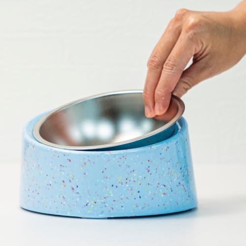 bzyoo 16oz Tilted Dog Bowl for Small Dogs & Cats, 15° Elevated Stainless Steel Pet Feeder, Ergonomic Anti-Vomiting Food Bowl for Frenchie, Pug, Persian Cat, Non-Skid Melamine Stand, Sprinkle (Blue) by bzyoo