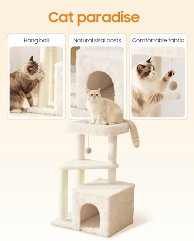 Cat Tree Tower for Indoor Cats, 33 Inches Multi-Level Cat Condo with Scratching Posts, Large Perch, Hanging Toy for Large Adult Cats, Beige - Image 3