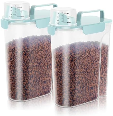 5-7LBS Dog Cat Storage Container Portable with Upgraded Large Spout and Cup, Plastic Pet Food Dispenser for Small Animal Kibble, Bird Seed, Oatmeal, Rice, Flour, Brown Sugart-2 Pack Light blue by LEAWALK