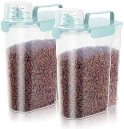 5-7LBS Dog Cat Storage Container Portable with Upgraded Large Spout and Cup, Plastic Pet Food Dispenser for Small Animal Kibble, Bird Seed, Oatmeal, Rice, Flour, Brown Sugart-2 Pack Light blue by LEAWALK
