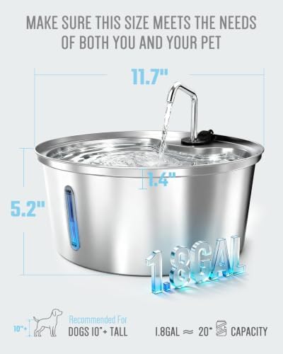 Dog Water Fountain Stainless Steel, 7L/1.8Gal Pet Fountain Water Bowl with Multi-Filtration & Deeper Drinking Aera, Large Cat Water Fountain with Water Window & LED (2 Filters 1 Fountain) - Image 5