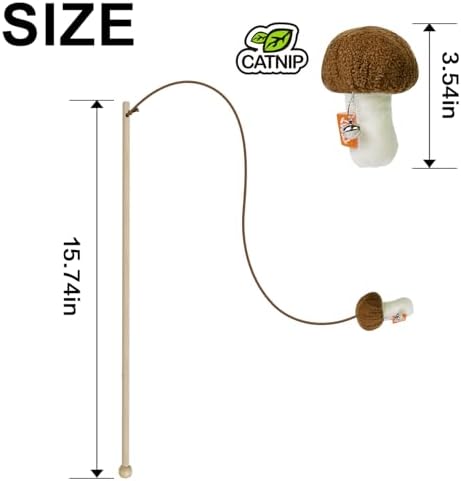 TTcat Natural Wooden Cat Wand Toy with Catnip Plush Mushroom, Thick Unbreakable Rope Interactive Cat Teaser Stick with Bell, Indoor Kitten Boredom Relief Hunting Play Toy for Cats. - Image 2