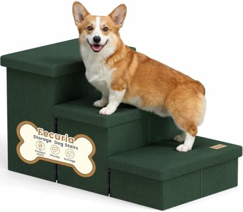3-Step Wide Dog Stairs with Hidden Storage 18" H, Non-Slip Dog Steps for High Bed Couch Window Car, Jiont-Friendly Pet Stairs Ramp for Small/Medium/Large Old Dogs Cats Up to 200lbs, Dark Green by Fecuria