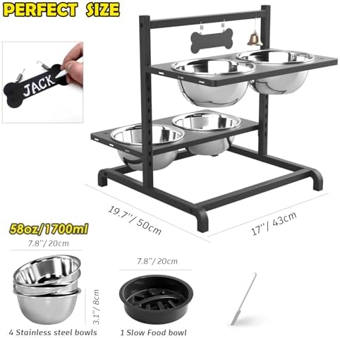SHAINFUN Elevated Dog Bowl Stand with 4 Stainless Steel Bowls (58oz) & 1 Slow Feeder, 9 Height Adjustable Raised Dog Bowl from 4.9" to 14.5" for Large Dogs & Multi-Pet Homes - Image 3