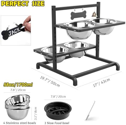 SHAINFUN Elevated Dog Bowl Stand with 4 Stainless Steel Bowls (58oz) & 1 Slow Feeder, 9 Height Adjustable Raised Dog Bowl from 4.9" to 14.5" for Large Dogs & Multi-Pet Homes - Image 3