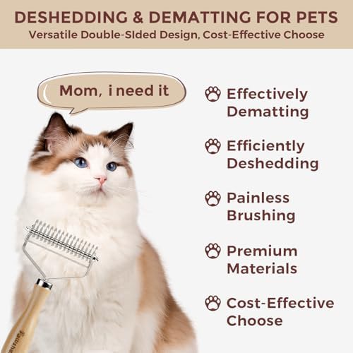 3-in-1 Professional Pet Shedding Dematting Comb - Deshedding Undercoat Rake for Dogs with Stainless Steel Blades Metal Pet Brush with Wood Handle Matted Hair Detangling Thinning and Shedding - Image 6