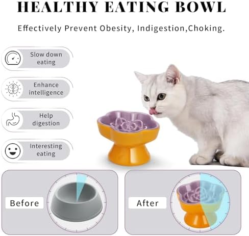 S&Q's Ceramics Raised Slow Feeder Cat Bowl, Ceramic Elevated Food Bowl Small Dogs Slow Feeder, Flower Shaped Cute Pet Dish for Dry and Wet Food (Purple, 5.8") - Image 3