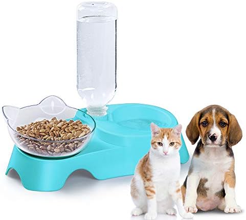 MILIFUN Double Dog Cat Bowls - Pets Water and Food Bowl Set, 15°Tilted Water and Food Bowl Set with Automatic Waterer Bottle for Small or Medium Size Dogs Cats by Milifunpets
