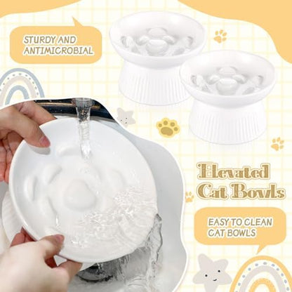 Layhit 2 Pack Raised Slow Feeder Cat Bowls Ceramic Elevated Cat Food Bowls Anti Vomiting Slow Feeder for Dog and Kitten for Dry and Wet Food(White) - Image 3
