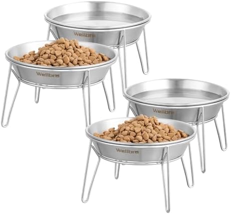 Elevated Cat Bowls, Wide Stainless Steel Cat Food Bowls with Metal Stand Whisker Stress-Free, Raised Food and Water Dish for Cats, Kitten, Puppies and Small Dogs by Wellbro