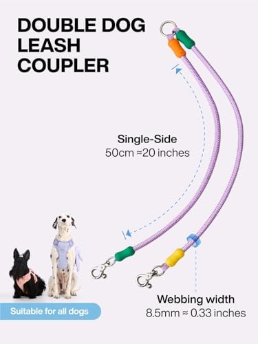 Double Dog Leash,2 Way Coupler Anti Chew No Tangle 360° Swivel, Dual Dog Lead Splitter with Double Clip for 2 Dogs Walking Over 44 lbs (Deep Grape Pearl, 20'') - Image 2