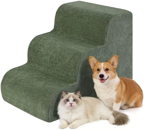 Dog Stairs, 15" H 3 Steps Dog Ramp for Couch Bed Non-Slip Pet Stairs for Cats Puppy Senior Injured Dogs, High-Density Foam Up to 50 Lbs, Washable Cover, Green by Olaivy