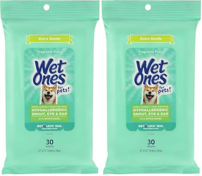 Wet Ones for Pets Extra Gentle Dog Wipes with Witch Hazel for Snout, Eye, Ear - Fragrance-Free Wipes with Wet Lock Seal, 30 Count (Pack of 2) by WetOnes