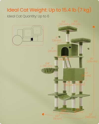 Feandrea Cat Tree, 81.1-Inch Large Cat Tower, Multi-Level Condo, Green - Image 6
