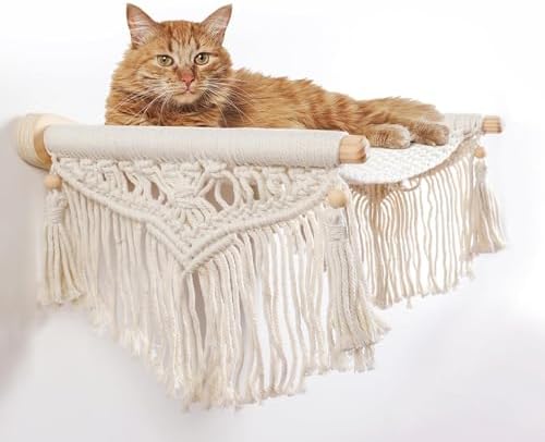Macrame Cat Wall Shelves & Hammock - Comfy Cat Beds with Window Perch for Indoor Cats, Sleeping & Climbing, Cotton Rope, Natural Wood, Maximum Hold up to 30lb, Beige White by netsTribe