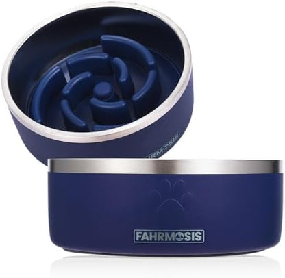 FAHRMOSIS 32 Oz Dog Bowl with Slow Feeder Insert Stainless Steel Pet Water Bowl for Medium & Large Breed Non Slip Rubber Base & Plastic Puzzle Feeder - Navy Blue by Fahrmosis