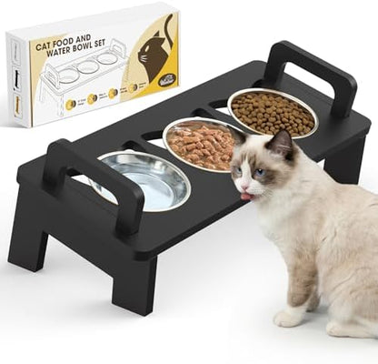 Bamboo Elevated Cat Bowls, 3 Stainless Steel Raised Cat Bowl with Stand, 15°Tilted Cat Feeding Station, Cat Food and Water Bowl Set for Small Cats, Anti Vomitting, Whisker Fatigue (Black) by Unknown
