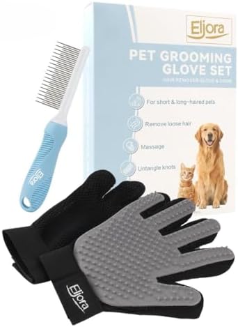 Pet Grooming Glove (Pair) & Dematting Comb Set – Anti-Slip Handle Deshedding Comb+ Gentle Massage Gloves for Dogs & Cats – Removes Loose Hair, Mats & Tangles – Safe, Effective Grooming by ELJORA