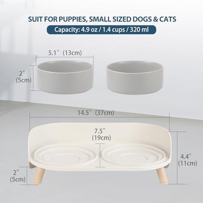 Raised Cat Food and Water Bowl Set - Elevated Ceramic Dishes with Non-Slip Stand and Splash Guard for Small Dogs - 2 x 320 ML (4.9 OZ) - Grey - Image 2
