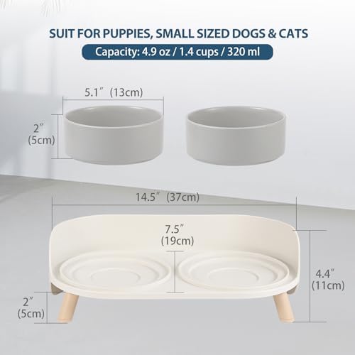 Raised Cat Food and Water Bowl Set - Elevated Ceramic Dishes with Non-Slip Stand and Splash Guard for Small Dogs - 2 x 320 ML (4.9 OZ) - Grey - Image 2