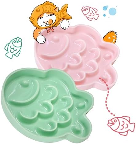 Ceramic Cat Slow Feeder Bowl, Fish Shape 6.3" W Wide Shallow Cat Plate, Whisker Friendly Slow Feed Bowl for Wet Meals, Dry Kibble, Canned Meals & Treats, Dishwasher Safe, Green & Pink by Tafelf