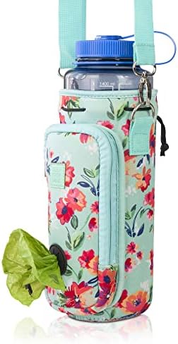 Made Easy Kit Water Bottle Carrier with Pocket for Dog Poop Waste Bags and Adjustable Padded Shoulder Strap (Tall & Large (40oz) with Bowl, Teal Floral) - Image 6