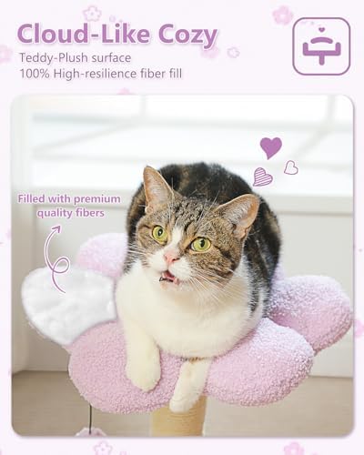 MUTTROS Flower Cat Scratching Post, 28" Cute Cat Tree Tower for Indoor Cats with Large Hammock Soft Perch Bed, Replaceable Toy Ball for Kittens, Purple - Image 4