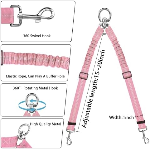 YAODHAOD Double Dog Leash,Two Dog Leash Splitter, No Tangle 360° Swivel Rotation Reflective Lead, Adjustable Length Bungee Heavy Duty Walking Training Dual Extension (Pink) - Image 3