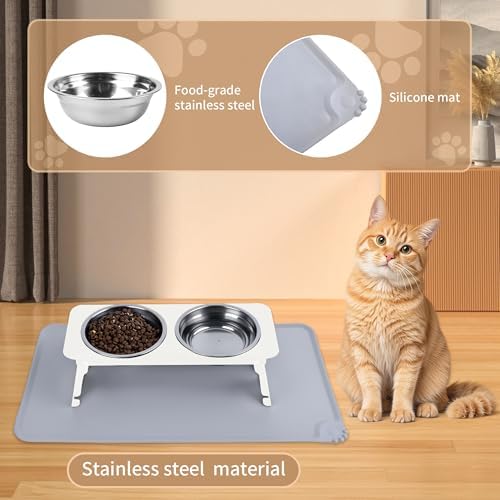 Elevated Cat Bowls with Food Mat,10° Tilted Anti-Vomiting Raised Cat Food Bowl for Small Cats and Puppies, Foldable 2 Stainless Steel Pet Bowl with Stand-Milky White - Image 4