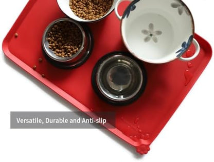 Hoki Found Large Silicone Non-Slip Pet Dog Cat Bowl Mats - Waterproof Dog Cat Food Mats - Classic Red - Image 4