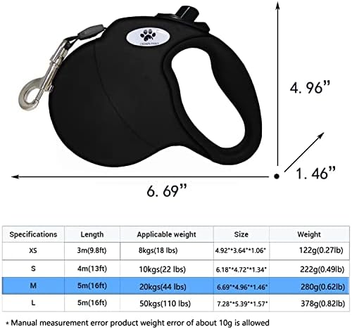 16ft Retractable Dog Leash for Medium Breed Dogs up to 44 lbs with a Detachable Chew Proof Extender Wire Ropes (Black M) - Image 2