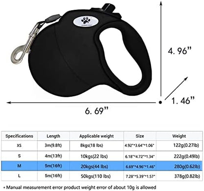 16ft Retractable Dog Leash for Medium Breed Dogs up to 44 lbs with a Detachable Chew Proof Extender Wire Ropes (Black M) - Image 2