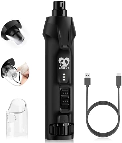 Casfuy 6-Speed Dog Nail Grinder – 50%+ Boost Power Dog Nail Trimmers Quiet with Dust Cap & 2 LED Lights & 2000mAh Battery & 4.8V Motor Electric Pet Toenail File Tool for Large Medium Small Dogs Cats by casfuy