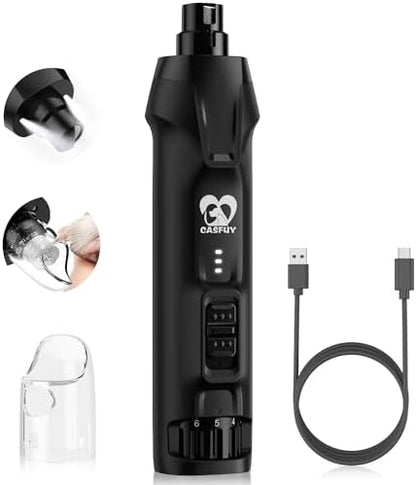 Casfuy 6-Speed Dog Nail Grinder – 50%+ Boost Power Dog Nail Trimmers Quiet with Dust Cap & 2 LED Lights & 2000mAh Battery & 4.8V Motor Electric Pet Toenail File Tool for Large Medium Small Dogs Cats by casfuy