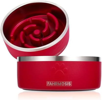 FAHRMOSIS 32 Oz Dog Bowl with Slow Feeder Insert Stainless Steel Pet Water Bowl for Medium & Large Breed Non Slip Rubber Base & Plastic Puzzle Feeder - Red by Fahrmosis