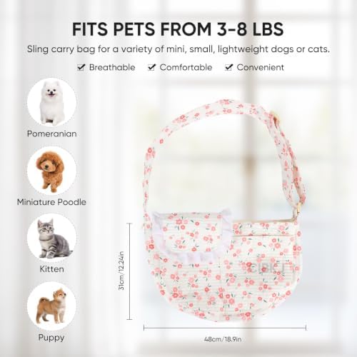 Small Dog Carrier Sling,Dog Slings for Small Dogs,Hand Free Dog Carrier Cat Sling for Outdoor Traveling Subway (Red Flower Adjustable) - Image 2