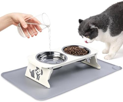 Elevated Cat Bowls with Food Mat,10° Tilted Anti-Vomiting Raised Cat Food Bowl for Small Cats and Puppies, Foldable 2 Stainless Steel Pet Bowl with Stand-Milky White by Zucabape