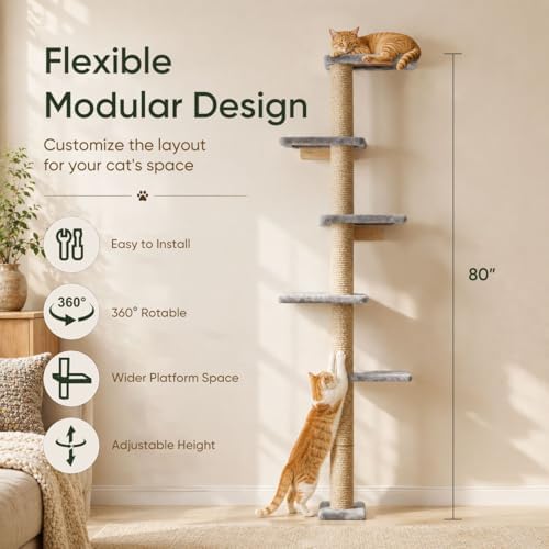 80-Inch Wall-Mounted Cat Tree with Scratching Post & 5 Perches - Image 3