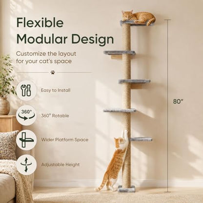 80-Inch Wall-Mounted Cat Tree with Scratching Post & 5 Perches - Image 3