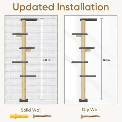 PAWSCRAT 5-Tier Wall-Mounted Cat Tree, 80-Inch Sisal Post, Darkgrey - Image 6
