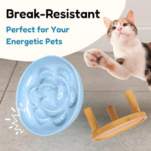 Slow Feeder Bowl, 6.3″ Elevated Cat Bowl with Stand, Melamine Wide Shallow Food Bowl, Whisker-Friendly Raised Plate, Wet Food Feeder for Slow Eating (Blue) - Image 6