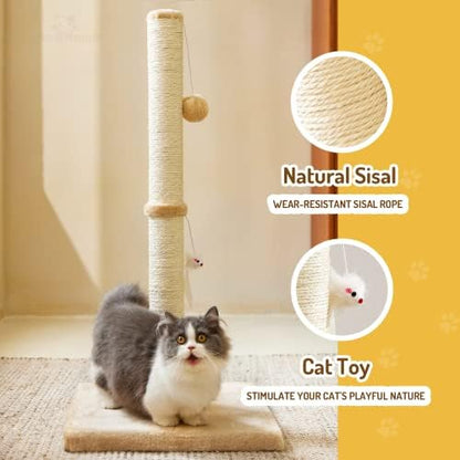 MeowHomm 32” Tall Cat Scratching Posts for Indoor Cats Adults with 2 Hanging Ball, Large Cat Scratch Post Cat Scratcher Includes Sisal Rope(Yellow) - Image 2